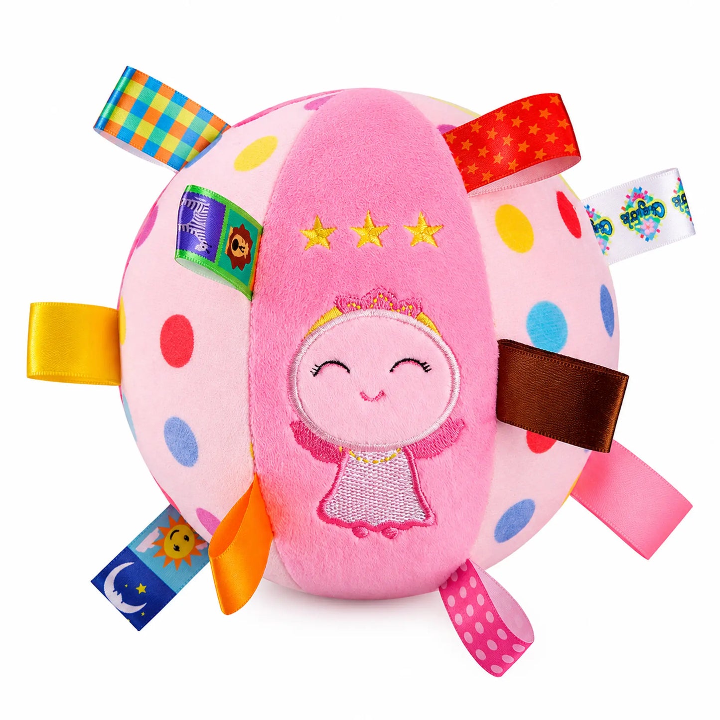 Pink Angel plush bell dog toy with colorful grab tags