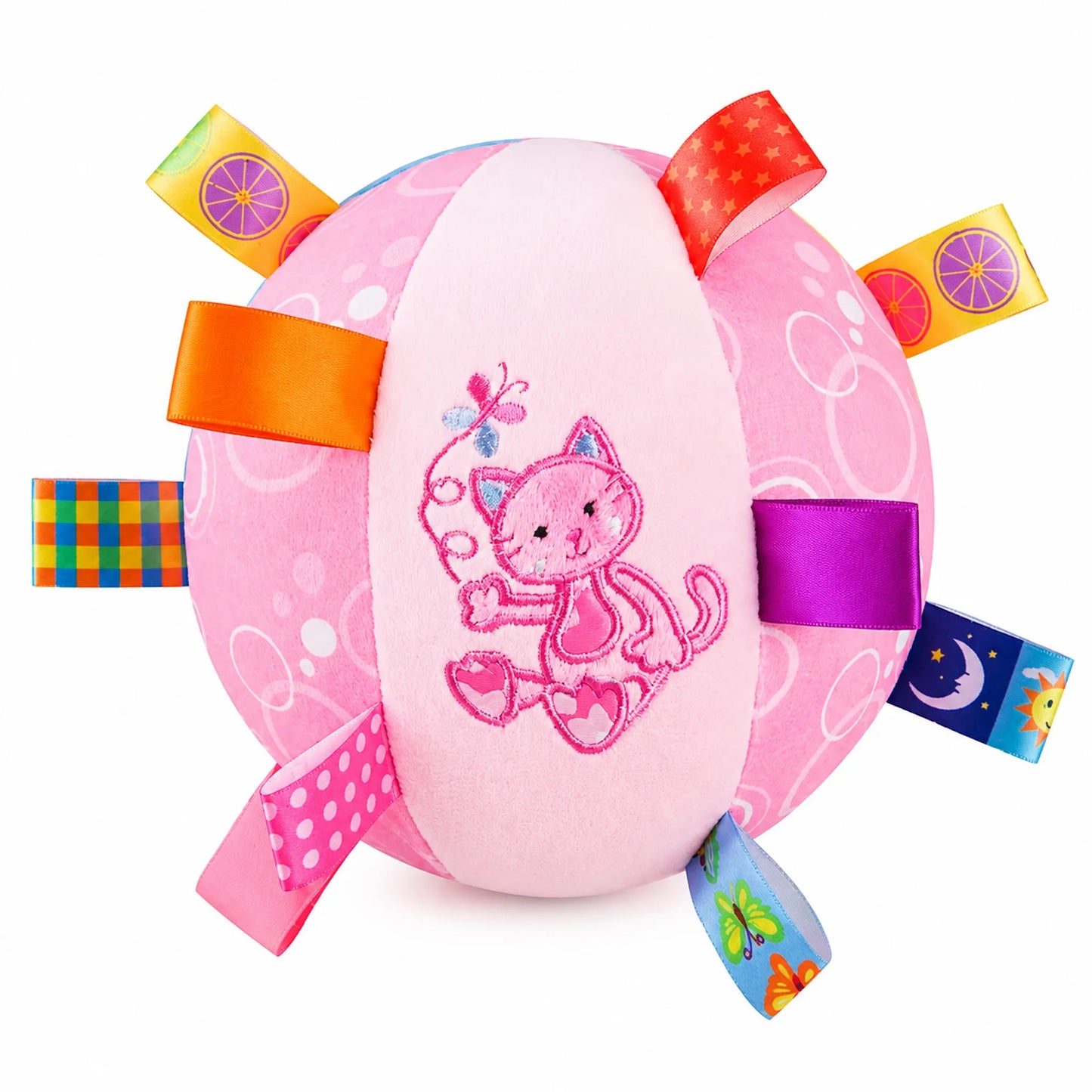 Pink Cat plush bell dog toy with colorful grab tags