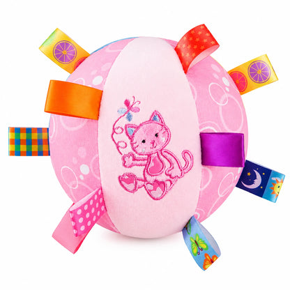 Pink Cat plush bell dog toy with colorful grab tags