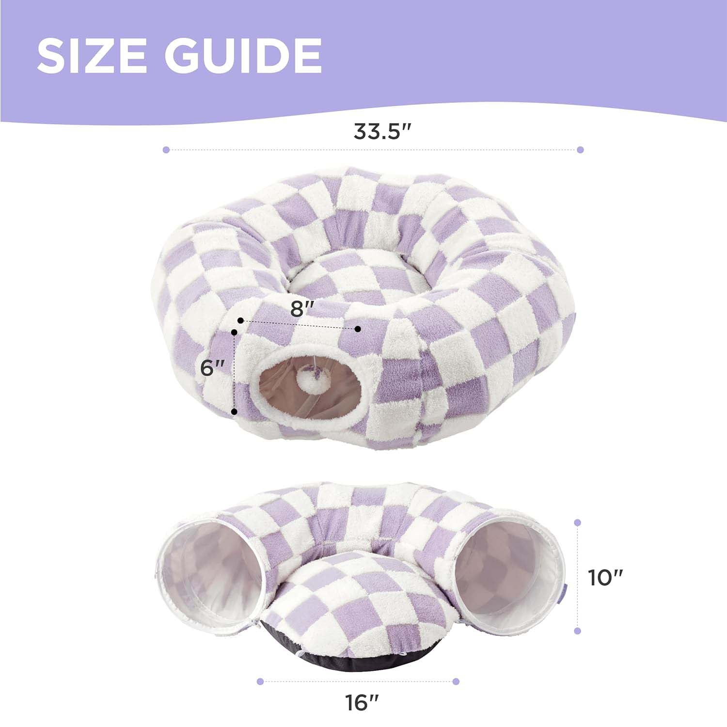 Size guide: 33.5" outer diameter, 16" cushion, 10" tall, tunnel opening 8" wide × 6" tall.