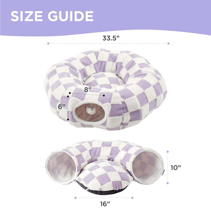 Size guide: 33.5" outer diameter, 16" cushion, 10" tall, tunnel opening 8" wide × 6" tall.