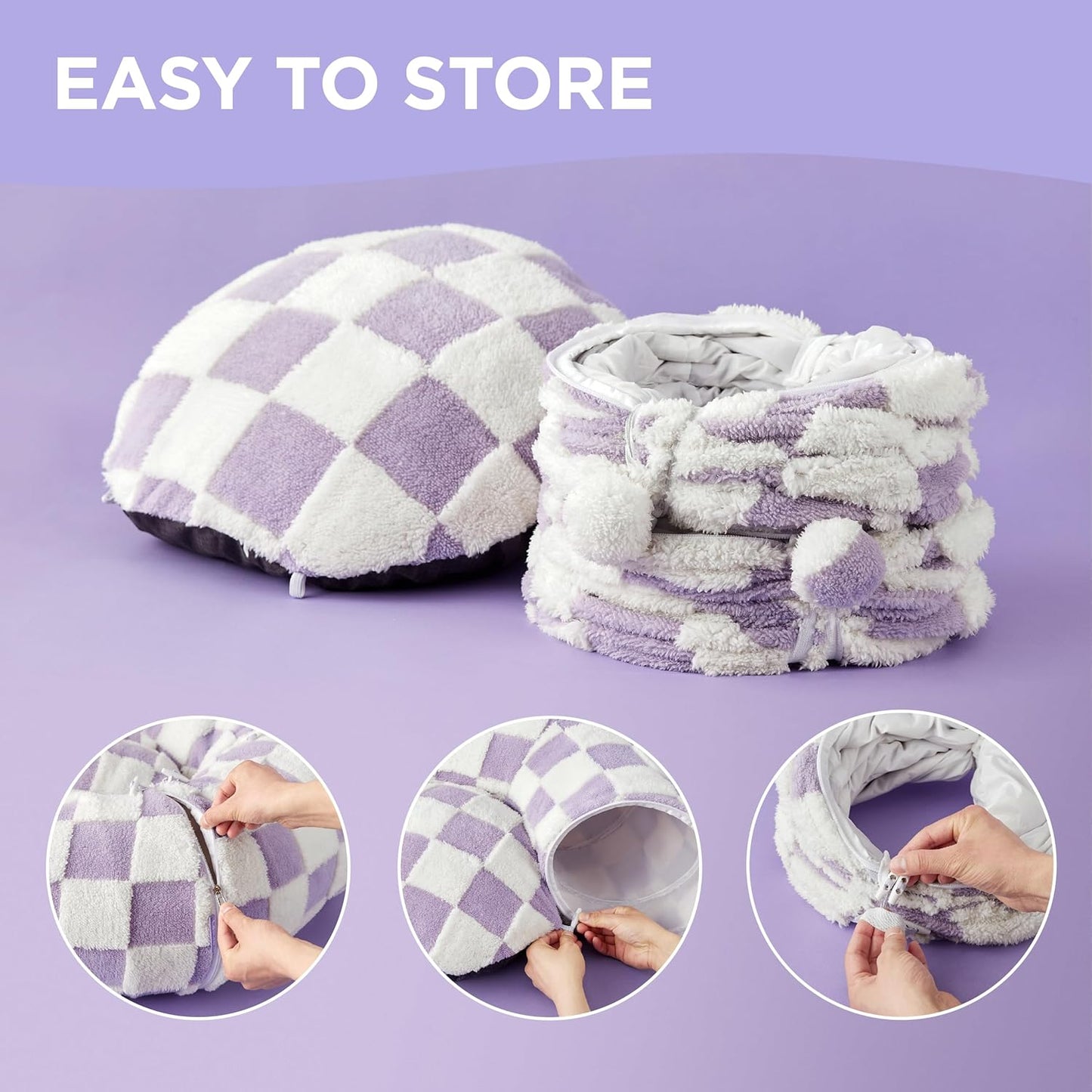 Pastel purple checkered cat tunnel bed folded compactly on a lavender studio backdrop, with zipper close-ups.