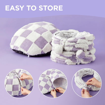 Pastel purple checkered cat tunnel bed folded compactly on a lavender studio backdrop, with zipper close-ups.