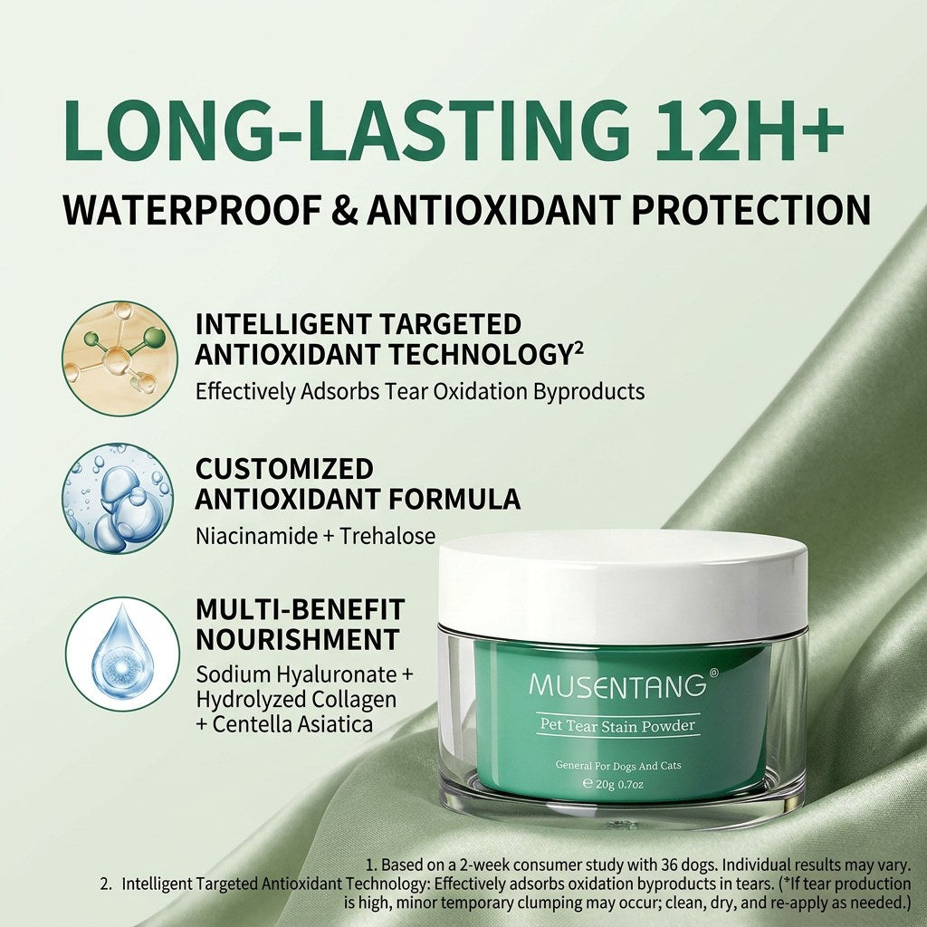 Studio shot of a white-lidded Pet Tear Stain Remover Powder jar on a soft green background with waterproof antioxidant text.