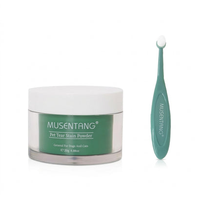 Studio shot on a white background of a green Pet Tear Stain Remover Powder jar with a matching applicator brush.