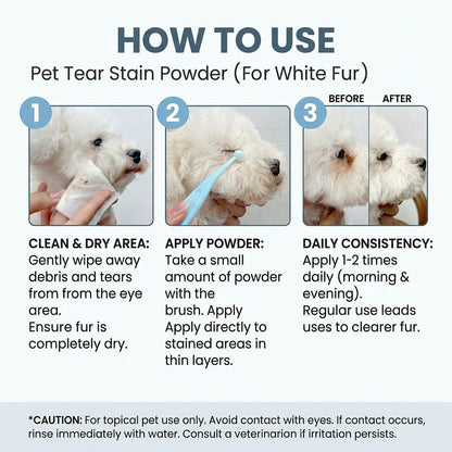 Infographic on a light background shows a white fluffy dog using Pet Tear Stain Powder, with before-and-after eye area results.