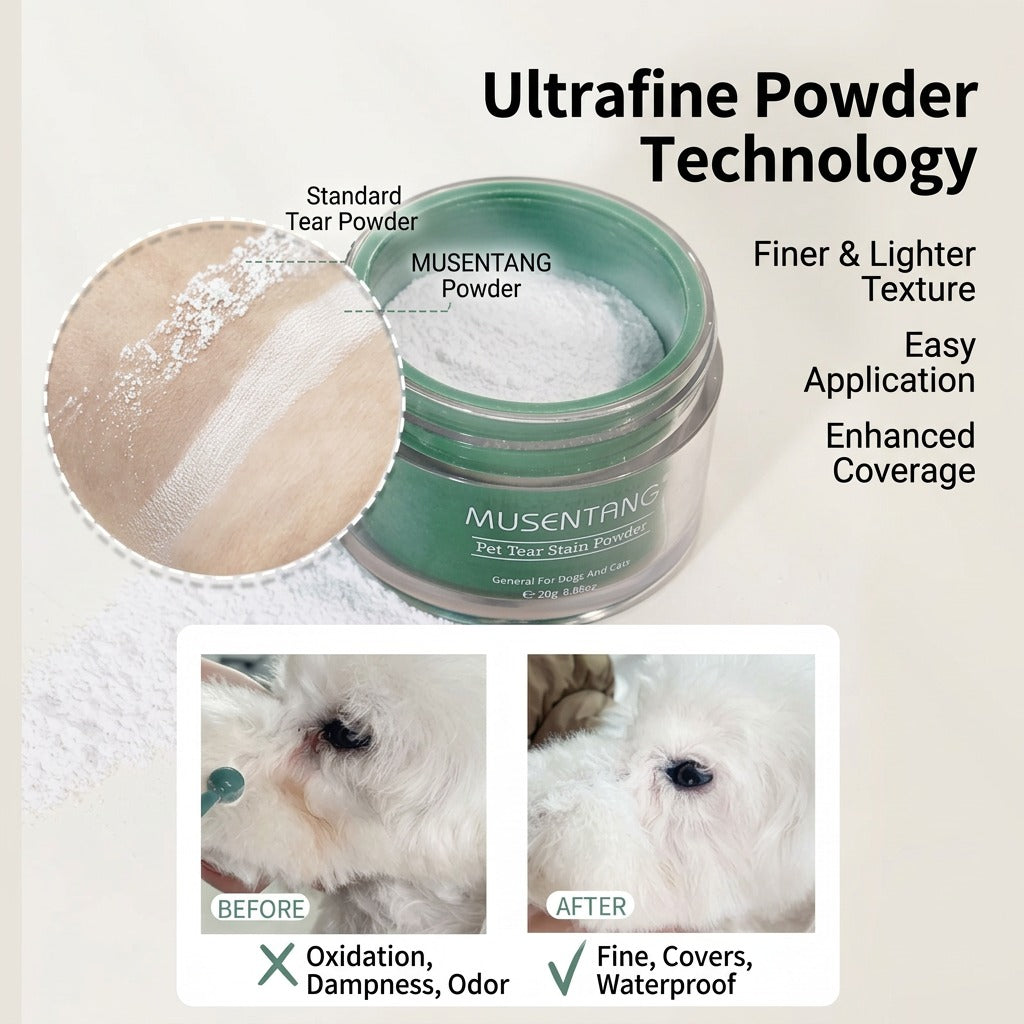 Studio shot on white background of tear stain remover powder jar with before-and-after white fluffy dog eye results.