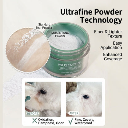 Studio shot on white background of tear stain remover powder jar with before-and-after white fluffy dog eye results.