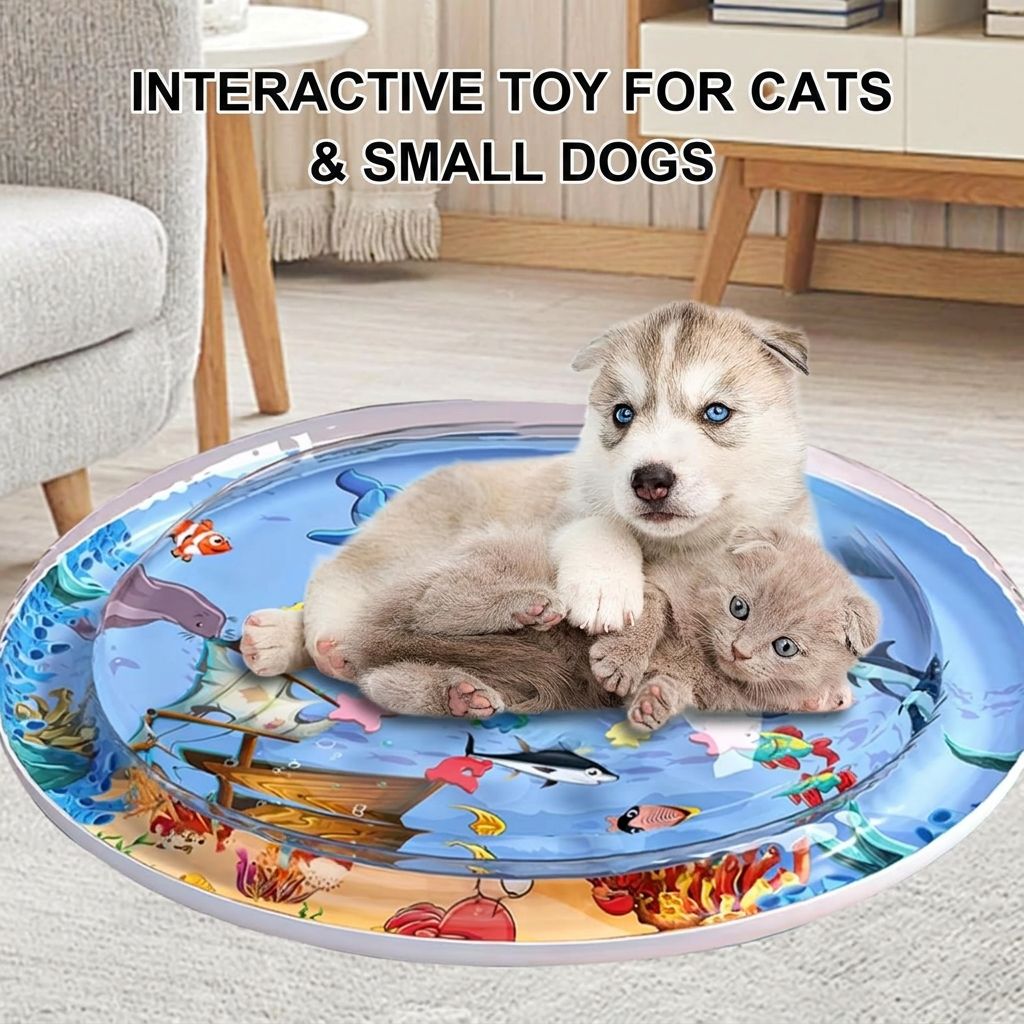 Husky puppy and a kitten resting on the blue water sensory play mat in a living room, ocean fish graphics visible through the water layer.