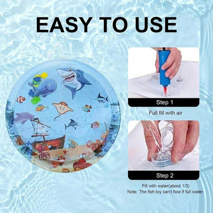 Two-step setup guide: Step 1 inflate the air ring fully with the pump, Step 2 fill the center with about one-third water for proper fish movement.