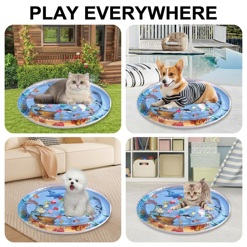 Collage of indoor and outdoor scenes showing a cat, corgi, white dog, and kitten using the pet water sensory play mat.
