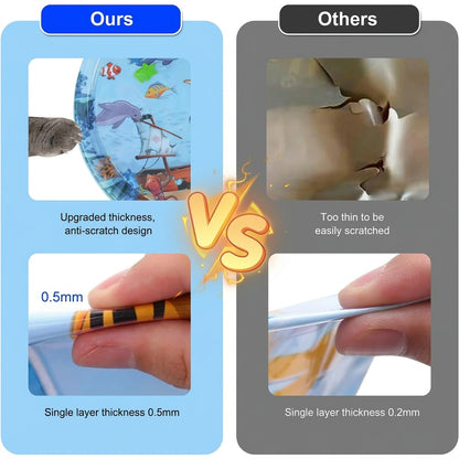 Anti-scratch comparison — 0.5 mm thickness resists a cat's claws, while 0.2 mm thinner alternatives tear under the same scratch test.