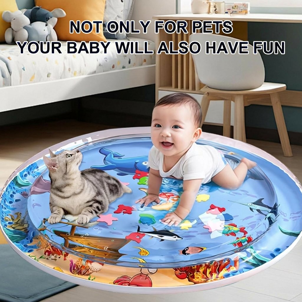 Cat exploring the water sensory play mat indoors, with multicolored fish and star shapes drifting in the water layer.