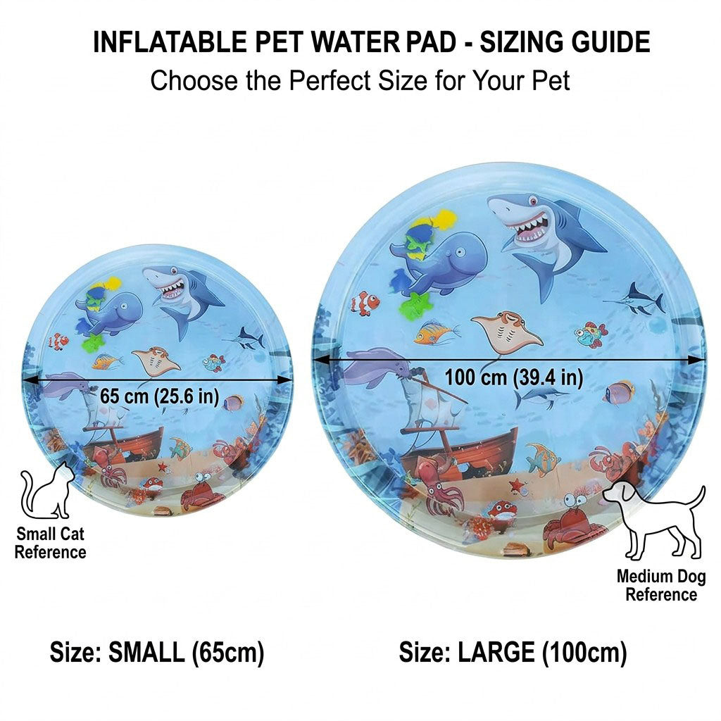 Sizing guide on white background — Small at 65 cm (25.6") for cats, Large at 100 cm (39.4") for medium dogs.