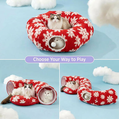 Three configurations of the red snowflake cat tunnel bed: closed donut, S-shape tunnel, and standalone cushion.