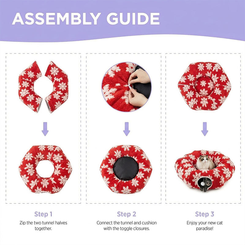 Step-by-step assembly guide: zip the two tunnel halves together, attach the center cushion with toggle closures.