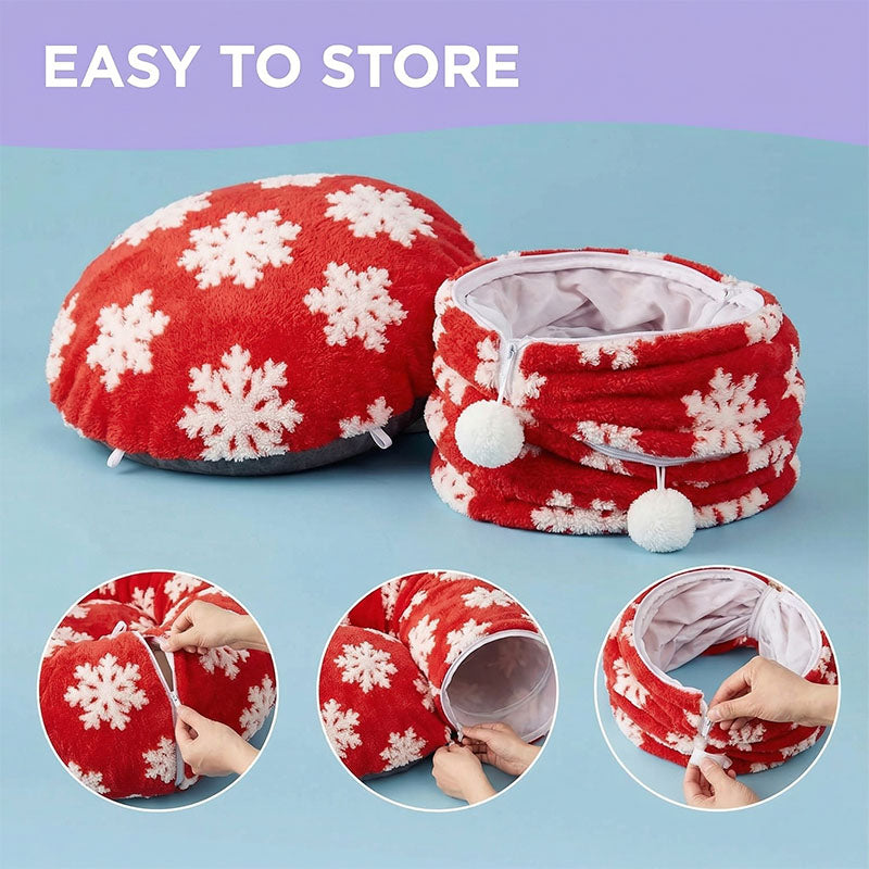 Infographic showing how the cat tunnel bed unzips into two halves and nests together for flat-pack storage.