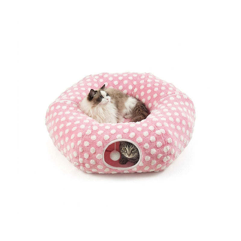 Pastel Pink Polka Dot variant — Ragdoll cat on top, tabby cat peeking from the tunnel entrance.