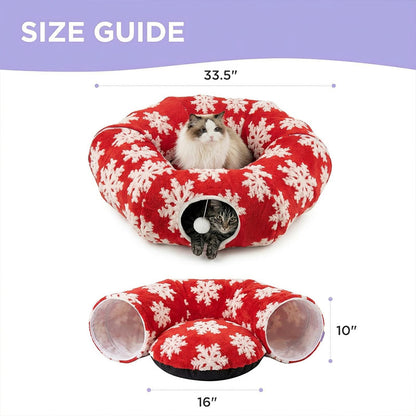 Size guide: 33.5" outer diameter, 16" center cushion, 10" tall, tunnel opening 8" × 6".