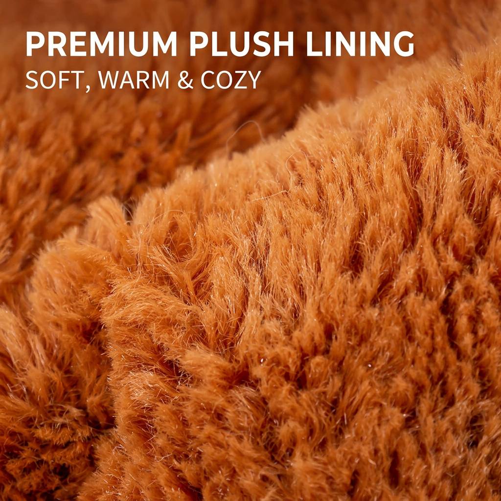 Orange-brown plush lining inside the reindeer pet carrier backpack, shown in close-up texture detail.