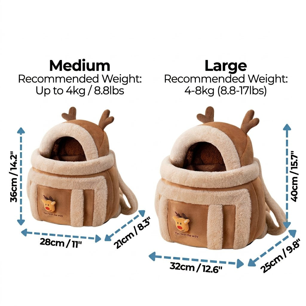 Medium and large size chart for plush reindeer pet carrier backpack with dimensions and weight limits.
