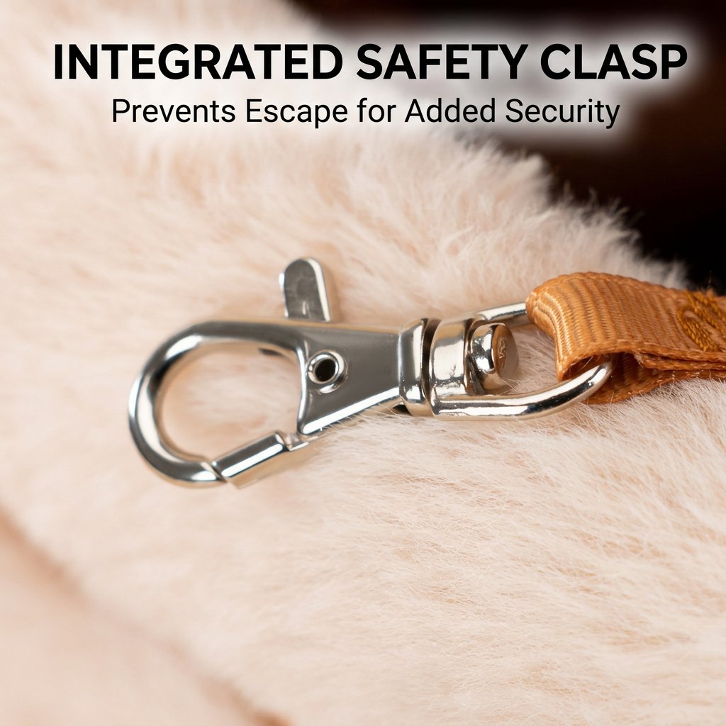 Integrated metal safety clasp inside the plush reindeer pet carrier for attaching to collar or harness.