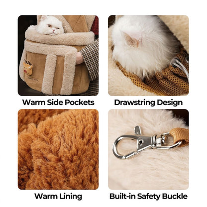 Feature collage showing warm side pockets, drawstring design, plush lining, and built-in safety buckle.