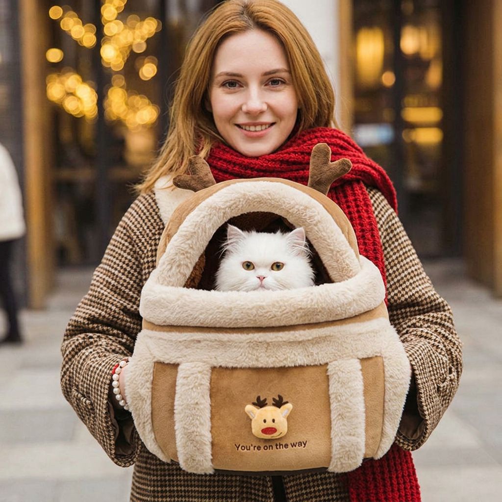 Woman outdoors wearing the plush reindeer pet carrier backpack with a white cat inside.