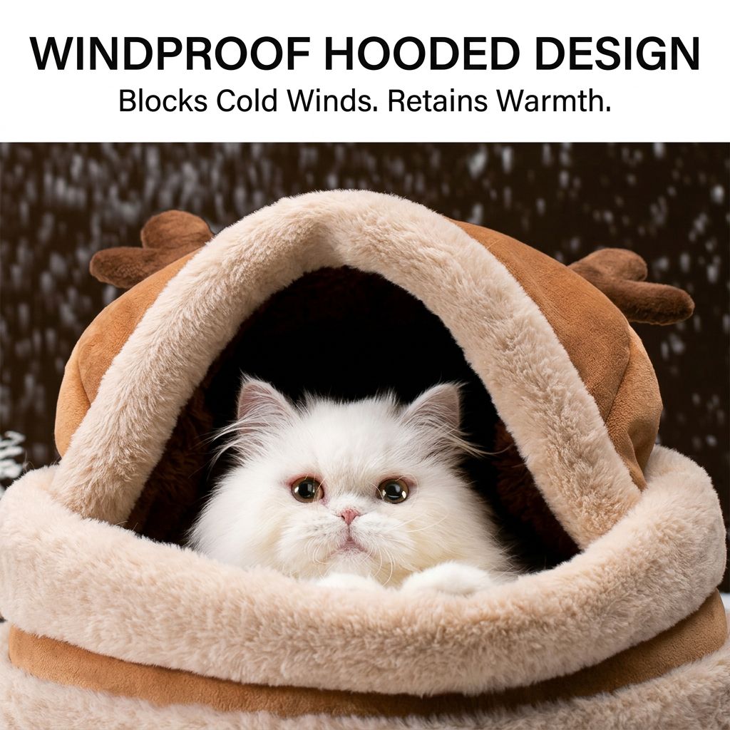 White cat inside the hooded plush reindeer pet carrier showing wind-blocking opening and cream trim.
