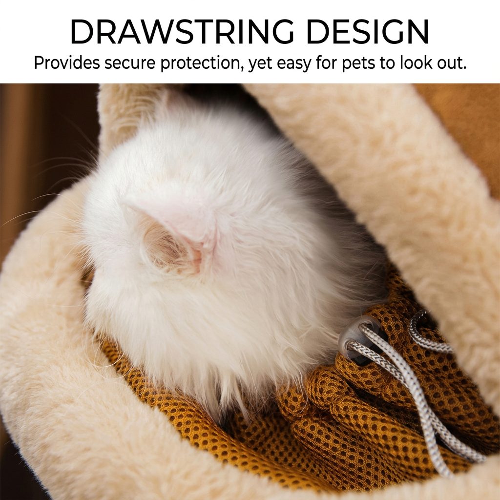 Close-up of white cat inside plush reindeer carrier with drawstring mesh opening and toggle.
