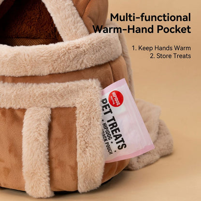 Warm-hand side pocket on the plush reindeer pet carrier backpack holding a small treat pouch.