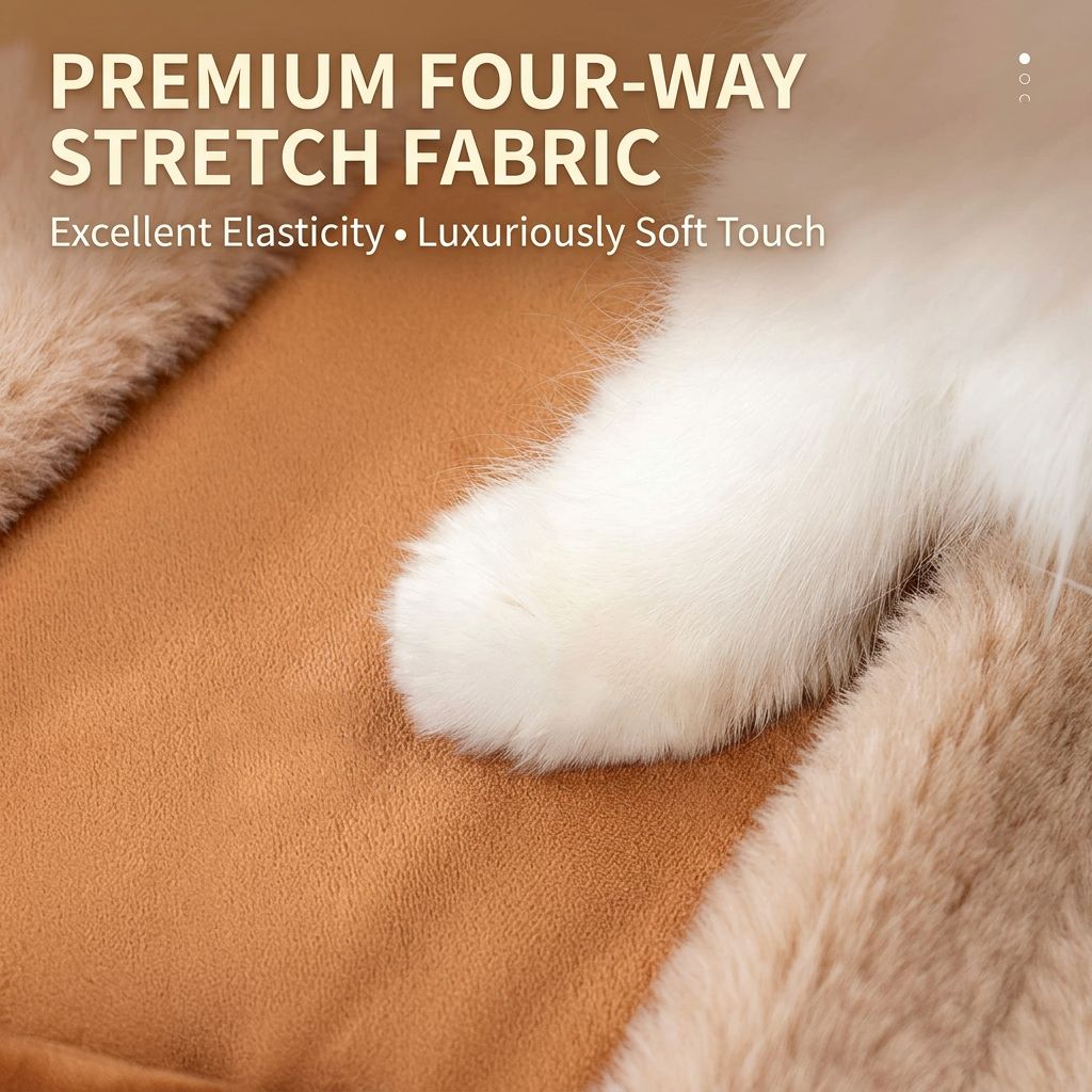 Close-up of tan four-way stretch fabric and cream plush trim on the reindeer pet carrier.
