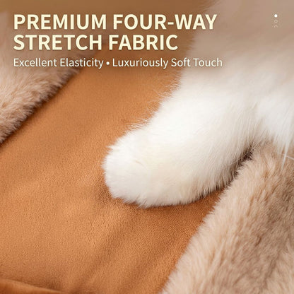 Close-up of tan four-way stretch fabric and cream plush trim on the reindeer pet carrier.