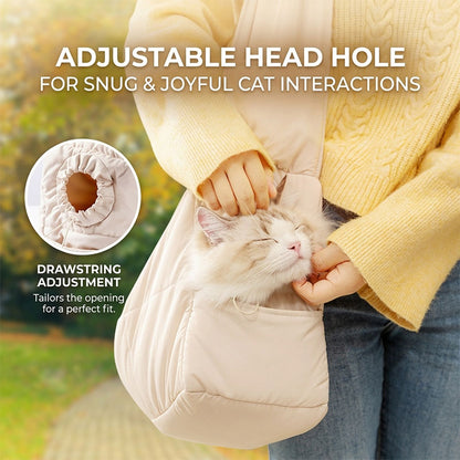 Close-up of cat in khaki quilted sling carrier with drawstring-adjustable head opening.