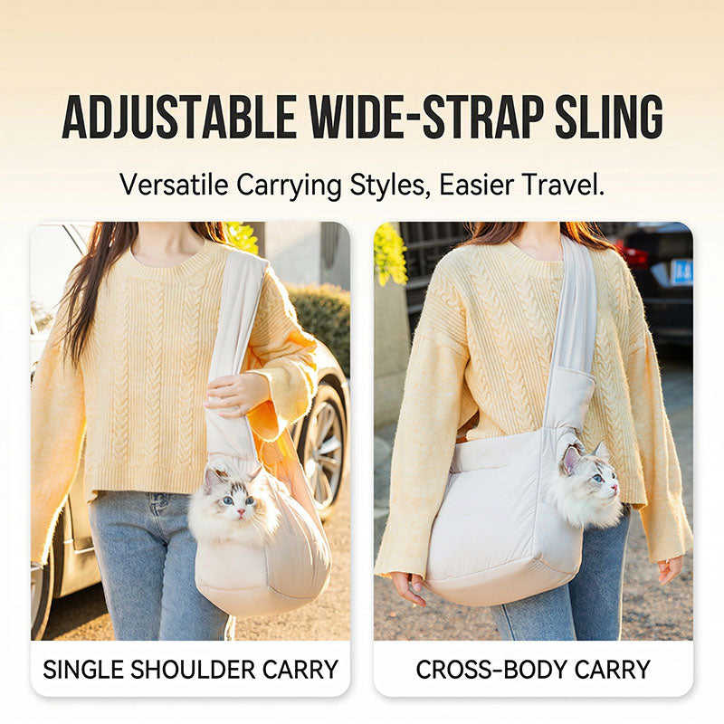 Quilted cat sling carrier shown in single-shoulder and cross-body carry modes.