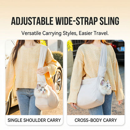 Quilted cat sling carrier shown in single-shoulder and cross-body carry modes.