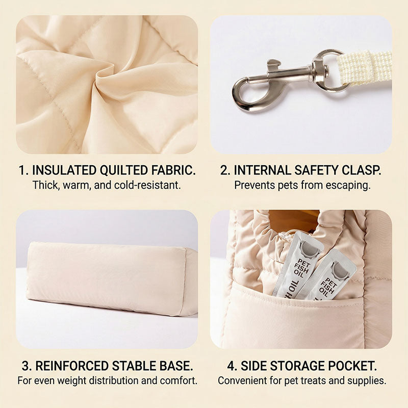 Detail graphic showing quilted fabric, internal safety clasp, reinforced base, and side pocket.