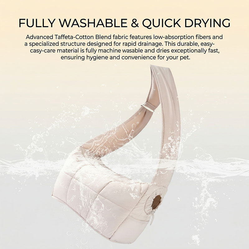 Washable quilted cat sling carrier graphic showing water splash around khaki bag.