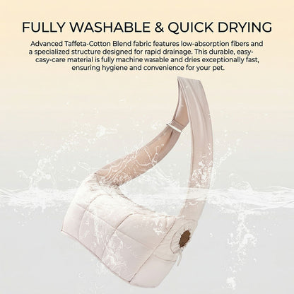 Washable quilted cat sling carrier graphic showing water splash around khaki bag.