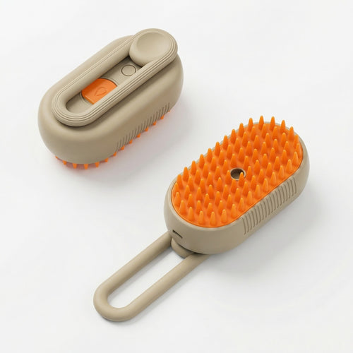 Beige and orange rechargeable pet mist brush and anti-static deshedding comb shown on a white background.
