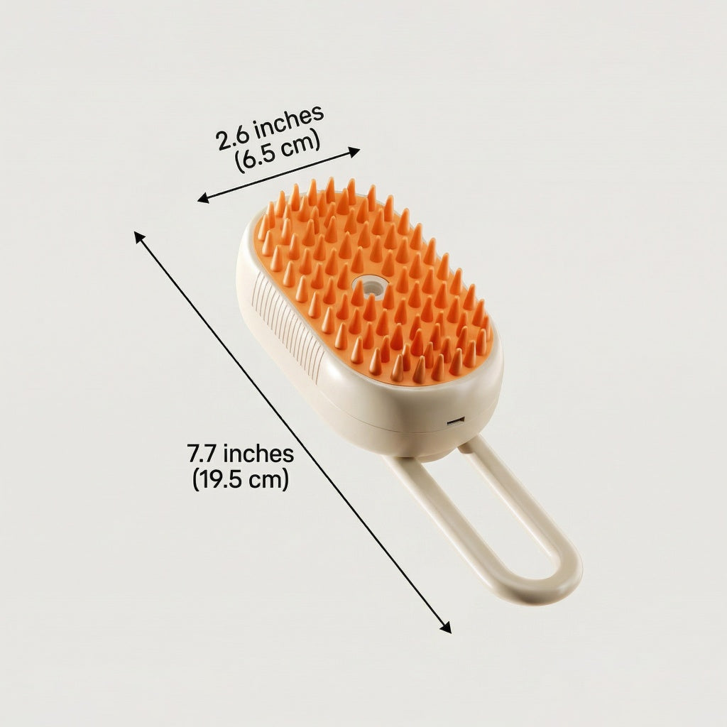 Rechargeable pet mist brush and anti-static deshedding comb on white background, with orange bristles, cream loop handle, 7.7 x 2.6 in.