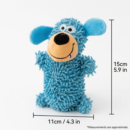 Blue Shake & Squeak plush dog toy with floppy ears and smiling face on white background, 15cm tall for small breeds.