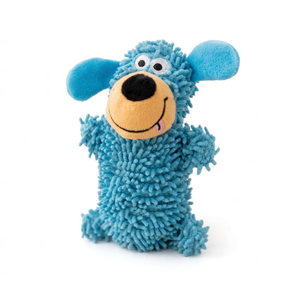 Blue Shake & Squeak plush dog toy with floppy ears and a smiling face, studio shot on white background.
