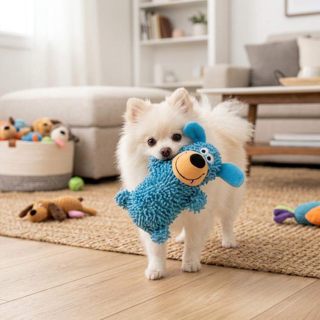 A cute white pomeranian puppy happily carrying a blue, textured microfiber squeaky plush dog toy in its mouth in a sunny living room.