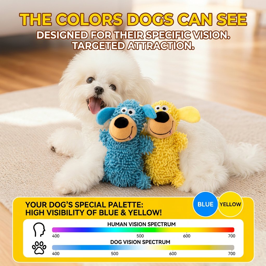 Small fluffy white dog on a rug plays with blue and yellow Shake & Squeak plush dog toys beside a dog vision spectrum graphic.