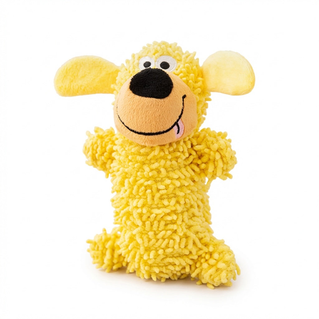 Yellow Shake & Squeak plush dog toy with floppy ears and a smiling face on a white background for small breeds.