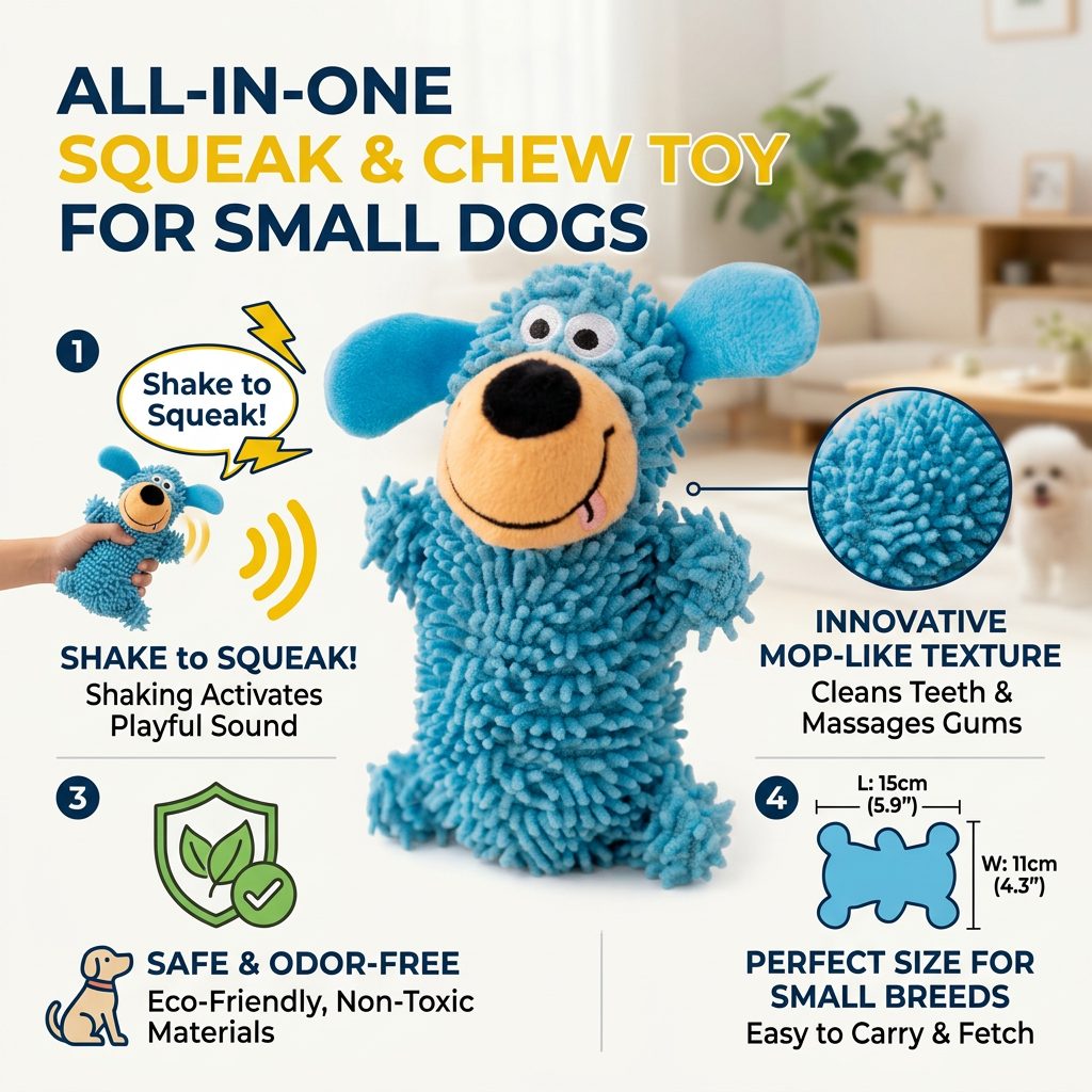 Blue plush shake and squeak dog toy with mop-like texture, shown in a bright living room beside a blurred small white dog.