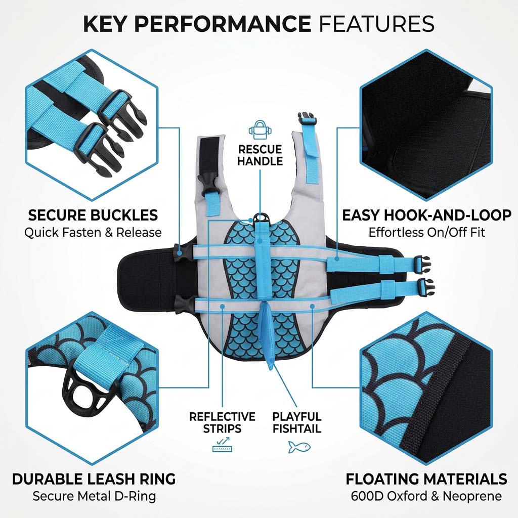 Detailed diagram of a blue dog life vest highlighting the reinforced rescue handle, secure buckles, reflective trim, and durable leash ring.