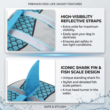 Infographic showcasing the high-visibility reflective straps and the iconic standing shark fin design of the PawsMore dog life jacket.