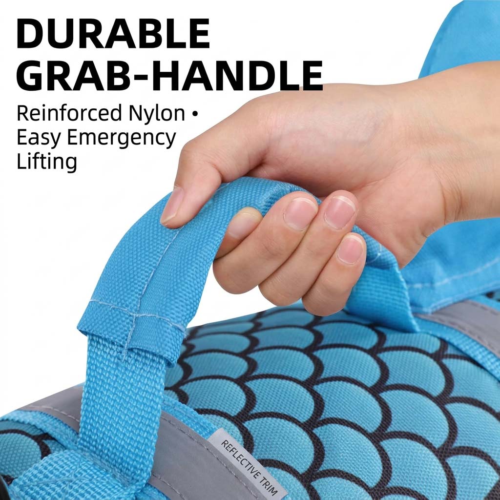Hand securely gripping the reinforced nylon emergency rescue handle on a blue fish scale dog life jacket.